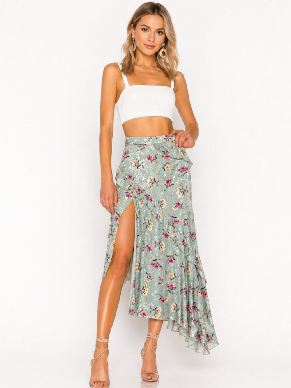 Floral Midi Skirt Slit Green Cottagecore Romantic Flowy Medium